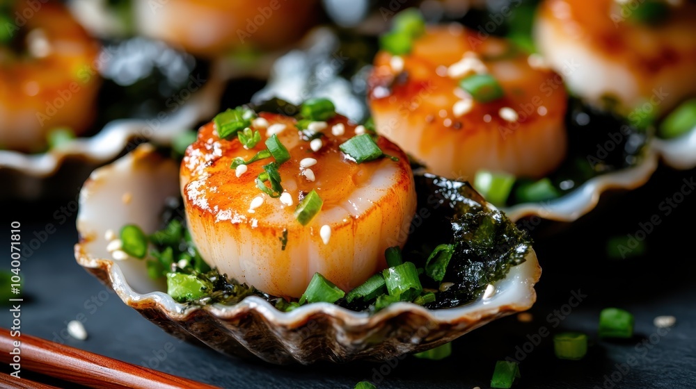 A beautifully crafted image of scallops seared to perfection accompanied by a sprinkle of sesame seeds and fresh green herbs, enhancing its culinary appeal on shell. A beautifully crafted image of scallops seared to perfection accompanied by a sprinkle of sesame seeds and fresh green herbs, enhancing its culinary appeal on shell.