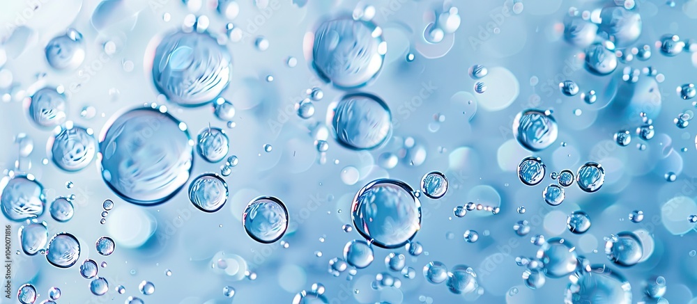 Mesmerizing macro oil droplets on water create a soft blue cosmetic backdrop for product promotions with a gradient ideal for a copy space image Mesmerizing macro oil droplets on water create a soft blue cosmetic backdrop for product promotions with a gradient ideal for a copy space image