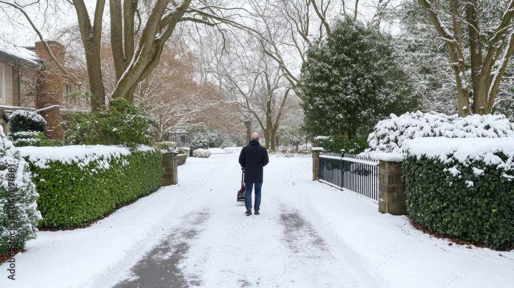 A man uses an electric leaf blower to remove snow from bushes as heavy snowfall blankets the garden A man uses an electric leaf blower to remove snow from bushes as heavy snowfall blankets the garden