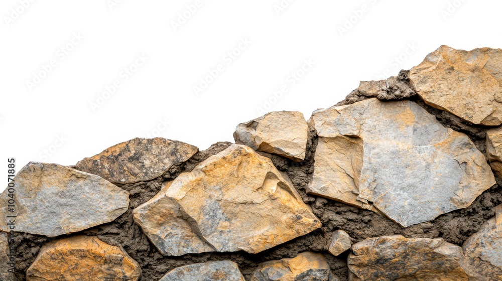 Craggy cliff face with weathered rock formations, standing tall against a blank white space, emphasizing its texture and natural structure Craggy cliff face with weathered rock formations, standing tall against a blank white space, emphasizing its texture and natural structure