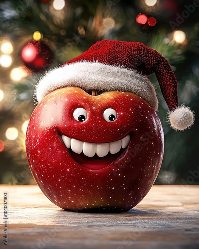 Red apple with face and cheerful face expreesion wearing santa claus hat. Generative Ai photo