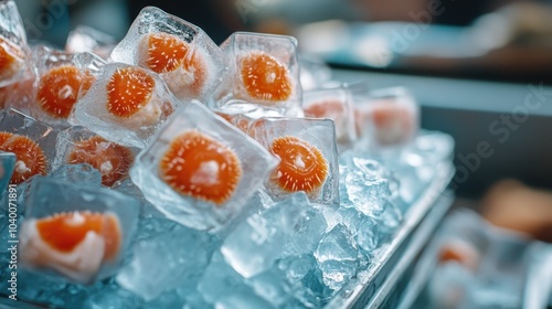 Close-up of ice cubes containing bright orange slices, showcasing a refreshing blend of colors and textures, perfect for cooling drinks with a twist.