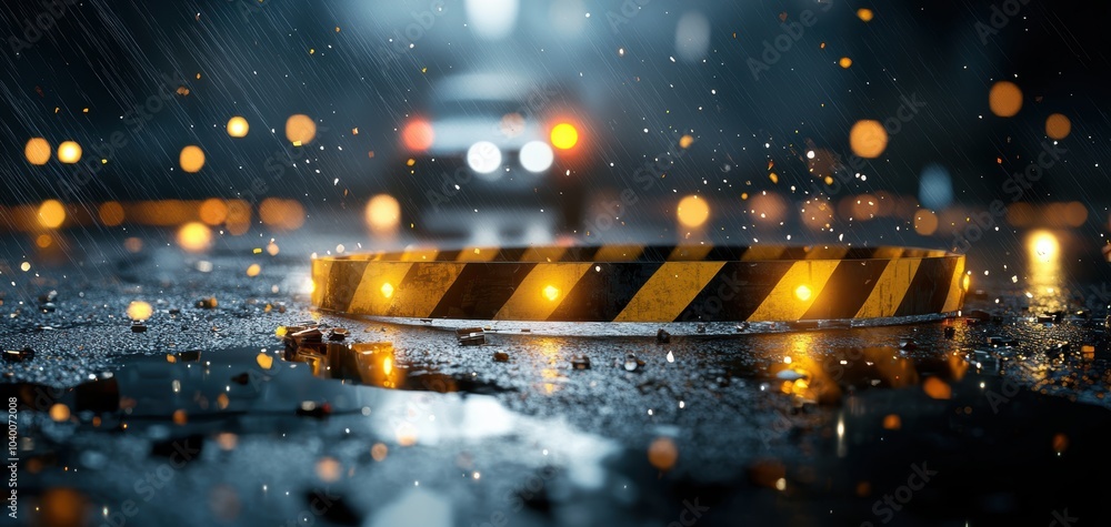 Dark crime scene with flashing police lights, caution tape, and investigators working on a wet road, capturing the suspense of a nighttime investigation Dark crime scene with flashing police lights, caution tape, and investigators working on a wet road, capturing the suspense of a nighttime investigation