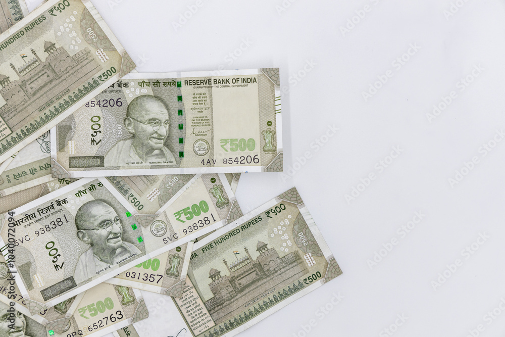 Indian currency 500 rupee bank note on white background, Five hundred Indian rupee bank paper currency note, Group of money stack of 500 Indian Rupee banknote. Indian currency 500 rupee bank note on white background, Five hundred Indian rupee bank paper currency note, Group of money stack of 500 Indian Rupee banknote.