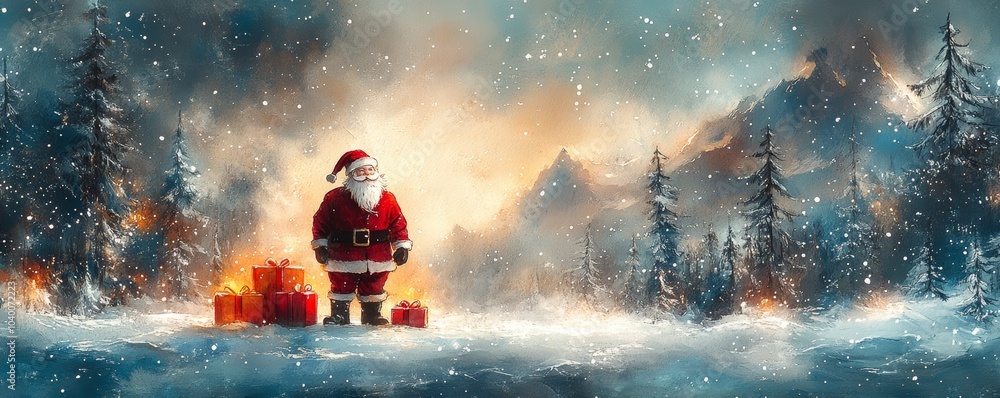 Fototapeta premium Santa Claus at the North Pole with Glowing Gifts