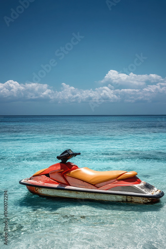 Jetski park in sea water. Summer tropical sports.