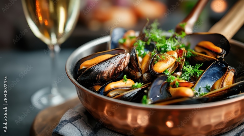 A culinary dish featuring steamed mussels in a copper pot adorned with lush herbs and paired with a glass of white wine, showcasing gourmet delight. A culinary dish featuring steamed mussels in a copper pot adorned with lush herbs and paired with a glass of white wine, showcasing gourmet delight.