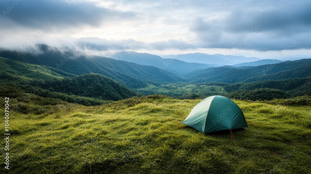A green tent stands on a grassy hilltop with a mist-covered valley and distant mountains. The image evokes solitude and connection with untouched nature. A green tent stands on a grassy hilltop with a mist-covered valley and distant mountains. The image evokes solitude and connection with untouched nature.