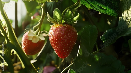 A ripe strawberry hangs from a vine with other berries.