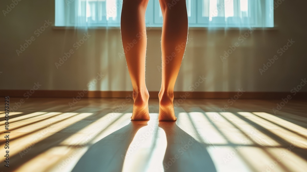 Bare feet grounded on a wooden floor, bathed in sunlight filtering through the curtains, casting intricate patterns of shadow and light, evokes restful solitude. Bare feet grounded on a wooden floor, bathed in sunlight filtering through the curtains, casting intricate patterns of shadow and light, evokes restful solitude.