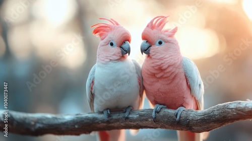 A delightful pair of pink cockatoos perched on a tree branch, showcasing their vivid plumage and close bond, against a beautifully soft, blurred background. photo