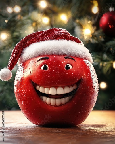 Red apple with face and cheerful face expreesion wearing santa claus hat. Generative Ai photo