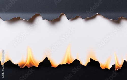 Flames spreading across torn paper, highlighting themes of chaos, destruction, and the power of fire as it burns through the textured white surface photo