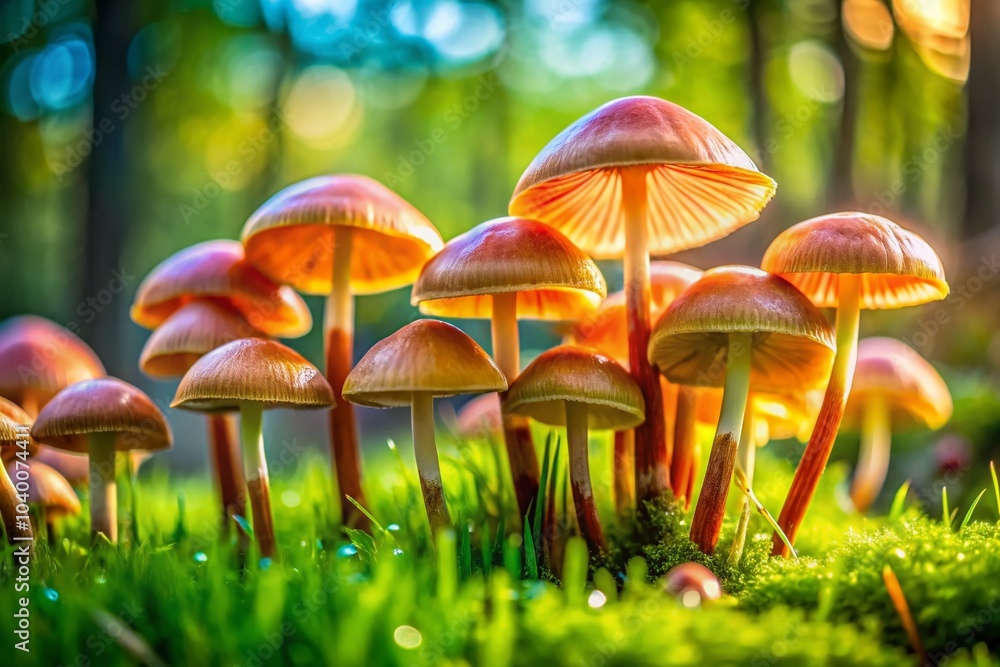 Fototapeta premium Macro Photography of Vibrant Mushrooms on Lush Grass - Nature's Fungi Close-Up