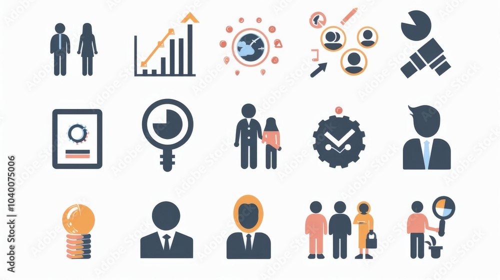 A diverse icon collection showcasing essential business management concepts in a cohesive design for effective teamwork and strategy development A diverse icon collection showcasing essential business management concepts in a cohesive design for effective teamwork and strategy development