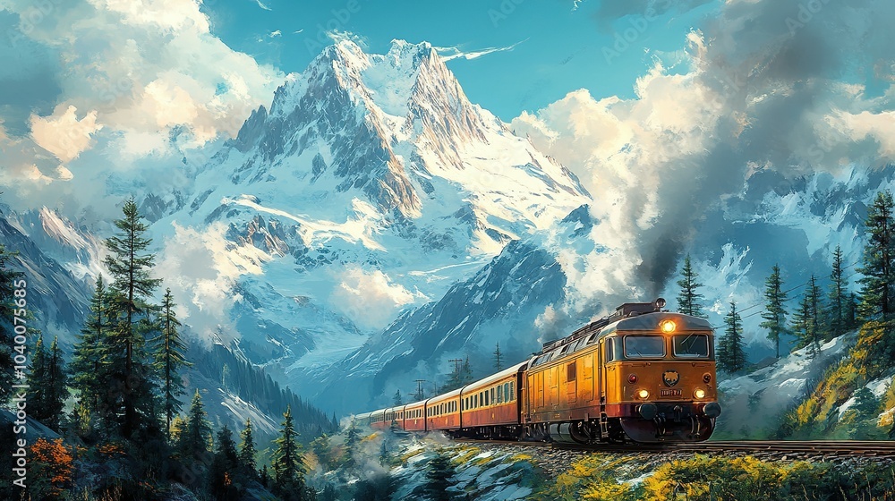 A yellow train traversing a mountain pass with snow-capped peaks. A yellow train traversing a mountain pass with snow-capped peaks.