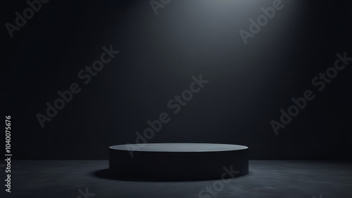 Empty podium black smoke background product platform abstract stage texture fog spotlight.