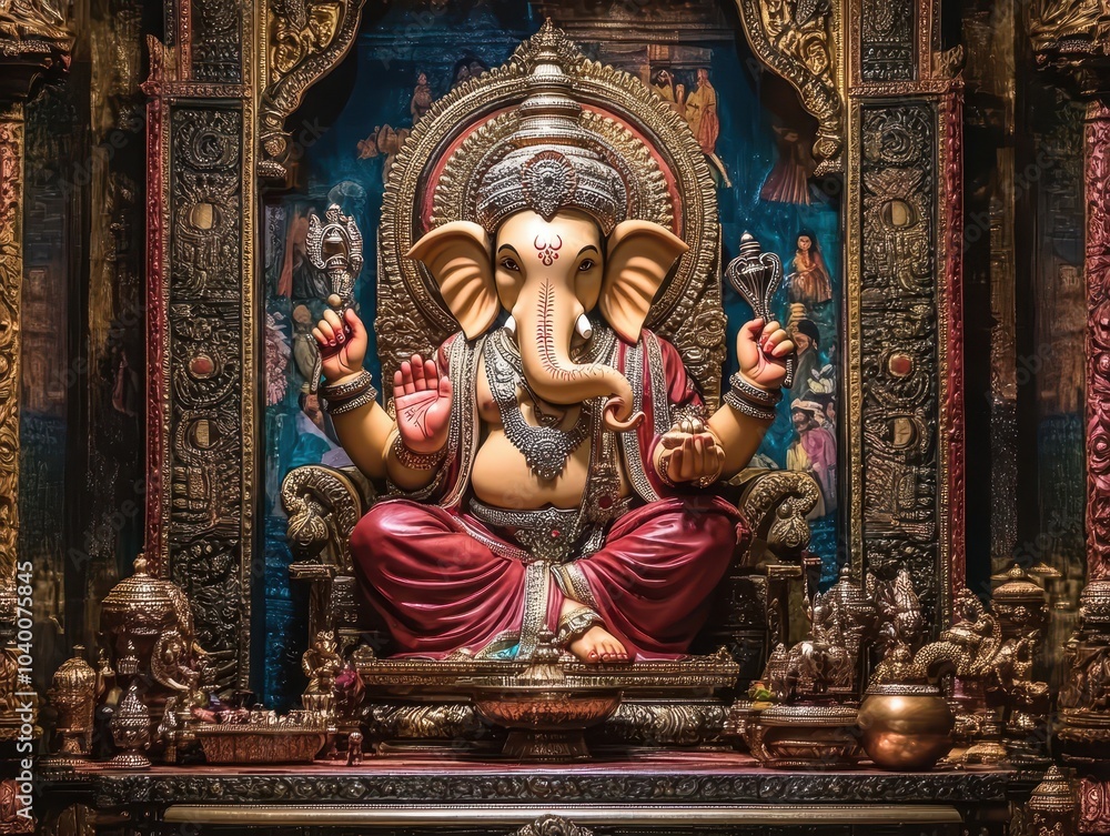 Fototapeta premium Hindu deity Ganesha portrayed in religious art, surrounded by traditional Indian designs and rich decor, emanating a powerful spiritual essence
