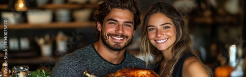 Happy couple enjoying a Thanksgiving meal with roast turkey at table