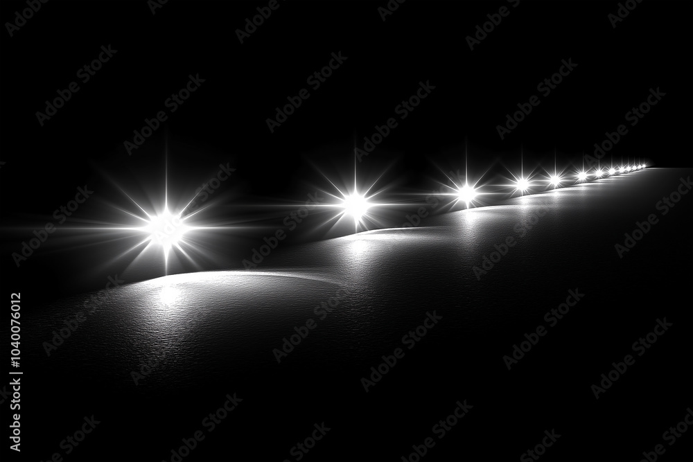 Bright white lights with lens flare effects, aligned on a horizontal line in a dark black background, for overlay or screen filter, with a minimalist and futuristic vibe
Bright white lights with lens flare effects, aligned on a horizontal line in a dark black background, for overlay or screen filter, with a minimalist and futuristic vibe
