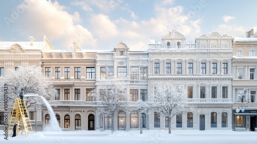 A man cleans snow and ice from the roof of a historic building in an old town, surrounded by winter scenery and a bright sky