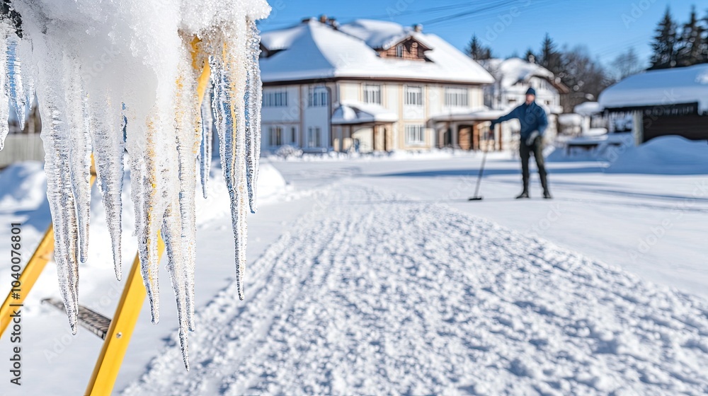 Fototapeta premium A man cleans snow and ice from the roof of a historic building in an old town, surrounded by winter scenery and a bright sky
