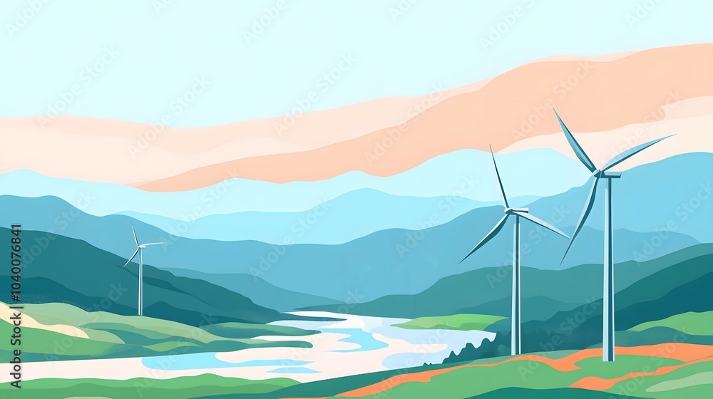 Obraz premium Wind Turbines in Green Hills with River and Blue Sky Illustration