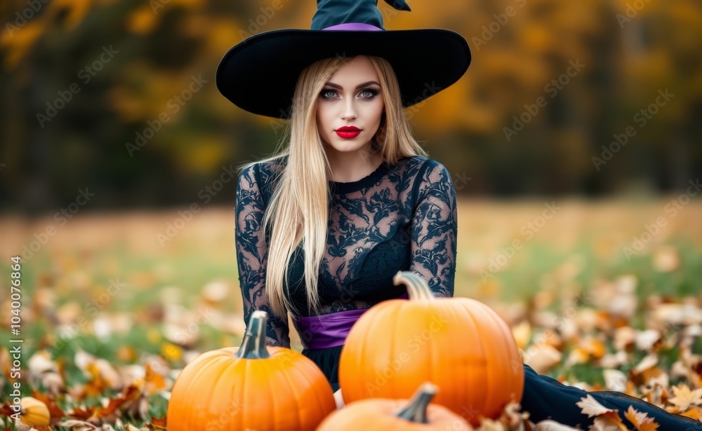 A captivating witch in a black lace dress and hat sits amidst fallen autumn leaves with pumpkins in the foreground, creating a mystical seasonal ambiance. A captivating witch in a black lace dress and hat sits amidst fallen autumn leaves with pumpkins in the foreground, creating a mystical seasonal ambiance.
