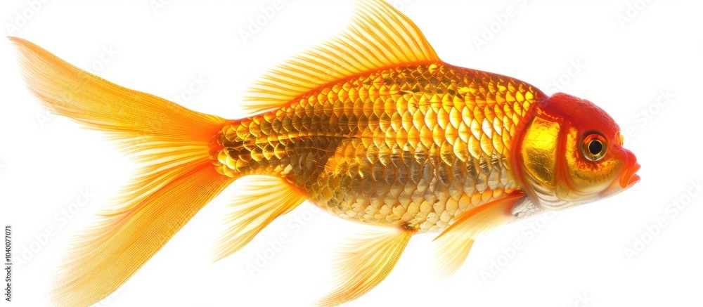 Top view of an individual golden fish on a white backdrop allowing space for text shot in full focus with a flat lay perspective. Copy space image. Place for adding text and design Top view of an individual golden fish on a white backdrop allowing space for text shot in full focus with a flat lay perspective. Copy space image. Place for adding text and design