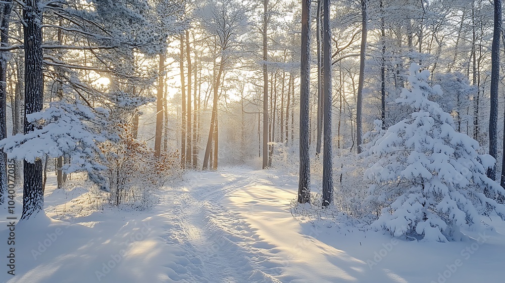 Naklejka premium Snow gently falling on a pine forest, the cool scent of peppermint and pine in the air, soft shadows cast by the snow-covered branches, creating a peaceful and crisp winter scene,