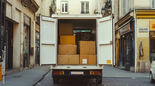 Fototapeta Naklejka Na Ścianę i Meble -  Delivery Truck with Cardboard Boxes in European City Alley