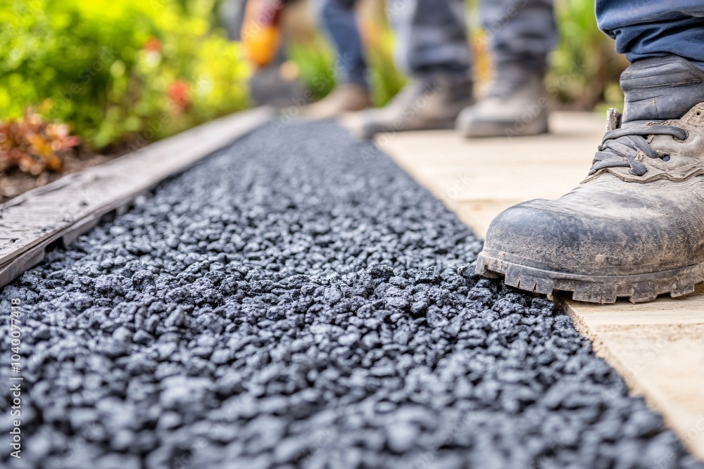 Closeup of Foot Stepping on Gravel Path Construction Closeup of Foot Stepping on Gravel Path Construction