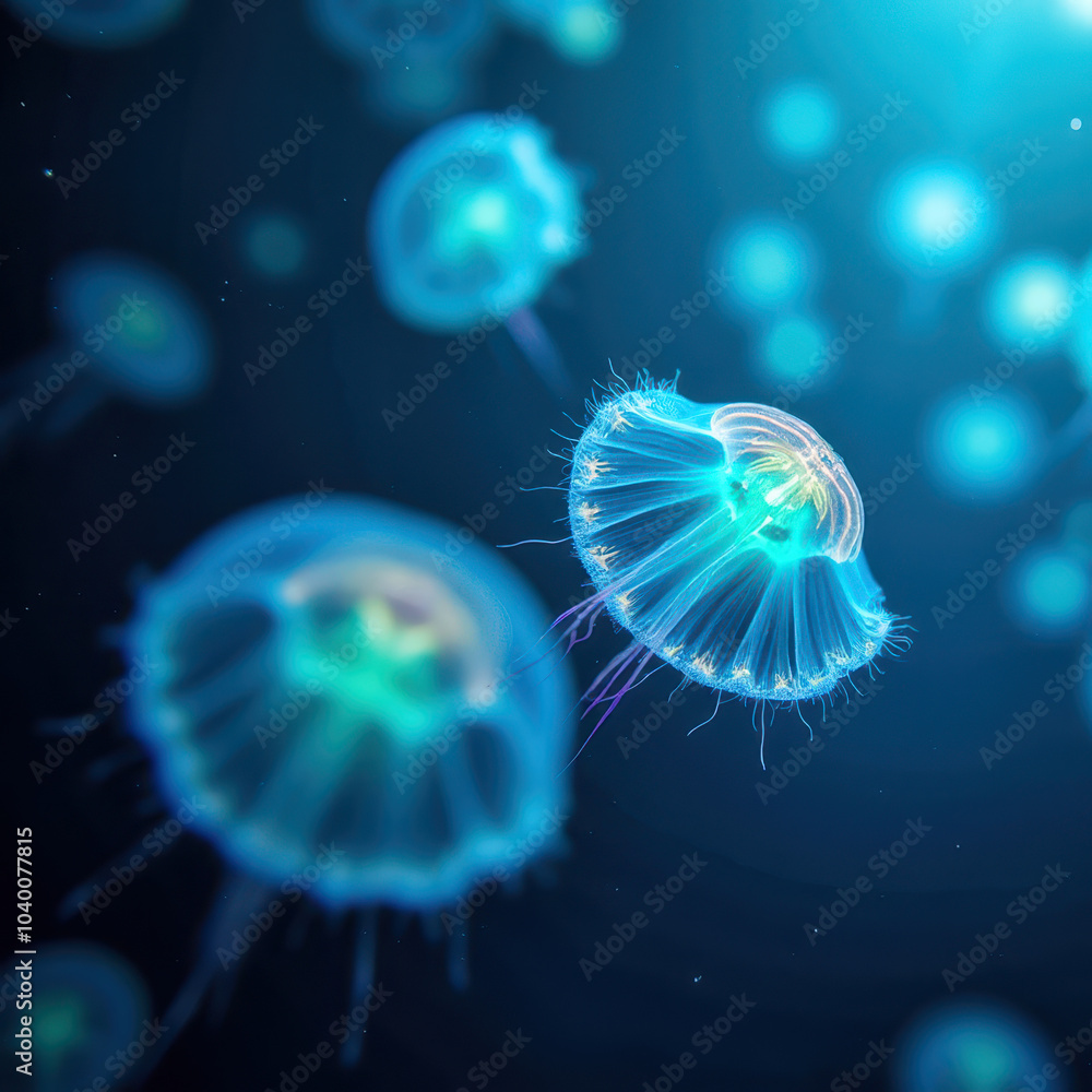 Obraz premium Medusas luminosas flotan en aguas oscuras del océano, iluminadas por una suave luz azul.