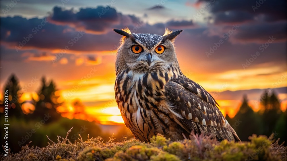 Majestic Eagle Owl Silhouette Portrait with Striking Eyes Captured in Natural Habitat Majestic Eagle Owl Silhouette Portrait with Striking Eyes Captured in Natural Habitat