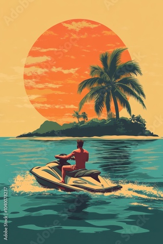 Artistic illustration of jetski in water. Summer tropical sports. T-shirt print design photo