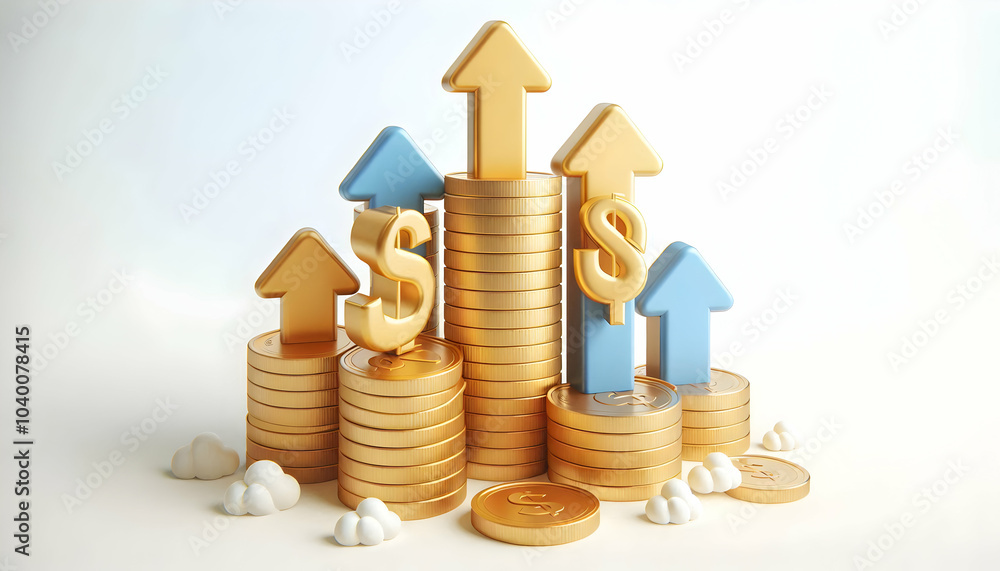 3D Floating Stack of Coins with Upward Arrows Icon, Isolated Vector Illustrating Financial Growth, Business Success, Clean White Background for Easy Integration into Designs 3D Floating Stack of Coins with Upward Arrows Icon, Isolated Vector Illustrating Financial Growth, Business Success, Clean White Background for Easy Integration into Designs