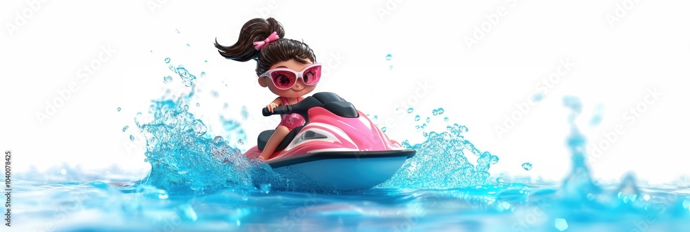 Fototapeta premium Cartoon character riding jetski in water. Summer tropical sports.