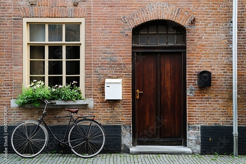 front view brick house with dark brown door, window and black bike next to the wall