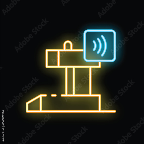 Glowing neon icon of a roadblock signalling a contactless payment point, perfect for projects related to toll roads, travel, and technology