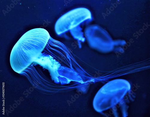 Medusas azules bioluminiscentes flotan en la oscuridad del océano, iluminando el entorno marino.