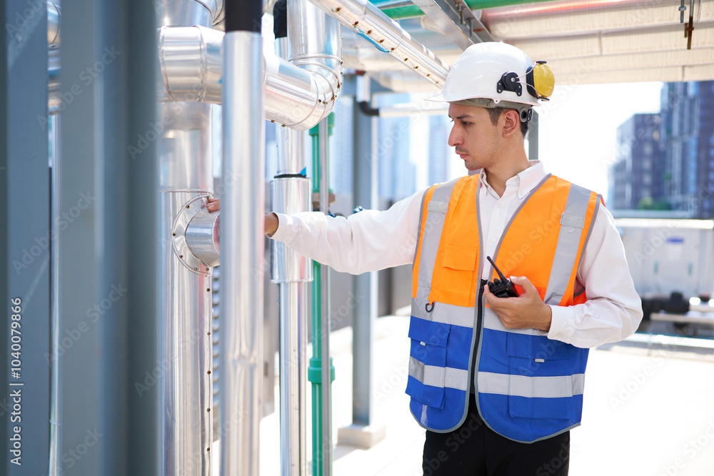 Technician checking pipeline valves or water tank area at urban industrial site Technician checking pipeline valves or water tank area at urban industrial site