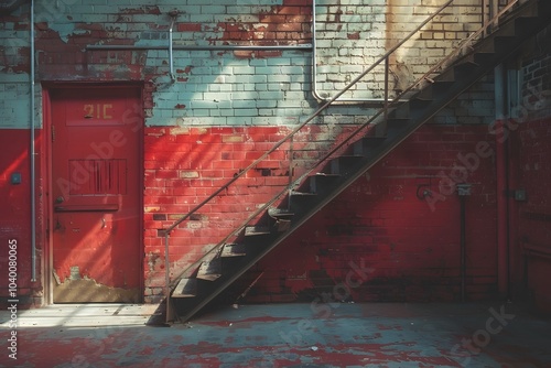 Urban Decay: A Captivating View of an Abandoned Space with Red Accents and a Worn Staircase photo