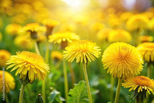 Medium shot of edible fresh yellow blowball dandelion flowers in spring and summer