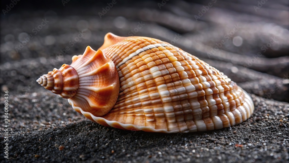 Medium shot of Hemifusus Tuba seashell on black sand background Medium shot of Hemifusus Tuba seashell on black sand background