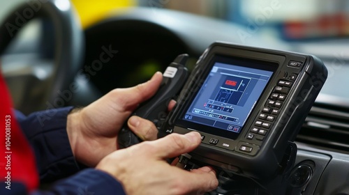 A Technician Uses a Handheld Device to Diagnose a Car