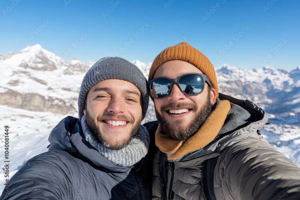 Two adventurous friends, wearing winter attire and sunglasses, enjoy a sunny day on a snowy peak, capturing the moment with a selfie and scenic mountain view. Two adventurous friends, wearing winter attire and sunglasses, enjoy a sunny day on a snowy peak, capturing the moment with a selfie and scenic mountain view.