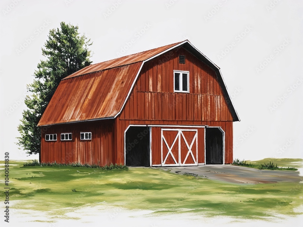 Rust colored barn style house hand drawn painted painting illustration on plain white background Rust colored barn style house hand drawn painted painting illustration on plain white background