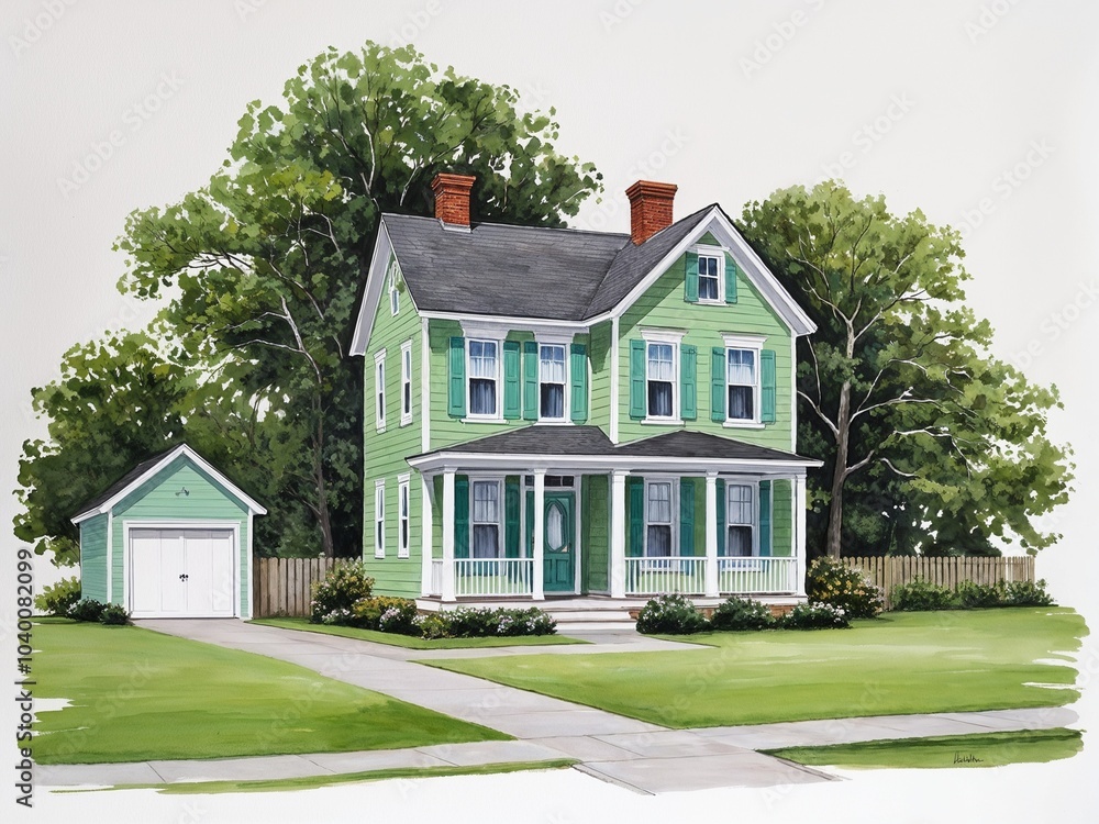 Seafoam green saltbox house hand drawn painted painting illustration on plain white background Seafoam green saltbox house hand drawn painted painting illustration on plain white background