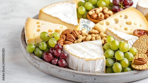 Artfully arranged cheese platter with assorted grapes, nuts, and crackers.