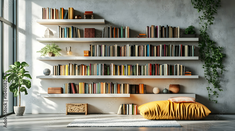 Modern Wall-Mounted Shelving Unit Displaying Decorative Objects in a Contemporary Living Space Modern Wall-Mounted Shelving Unit Displaying Decorative Objects in a Contemporary Living Space